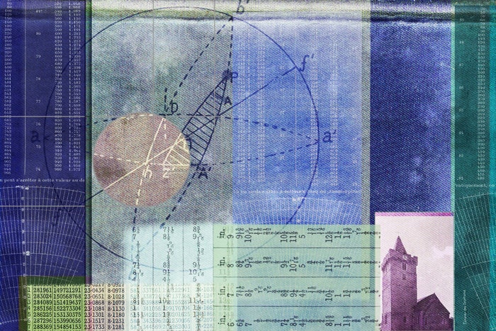 Collage, mixed media art, digital print, hand colored, abstract, blue, mathematics, 16 x 12 -   Church