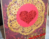 I love you Card - vintage Gold Doily Heart - Romance - Wedding - Anniversary - Engagement