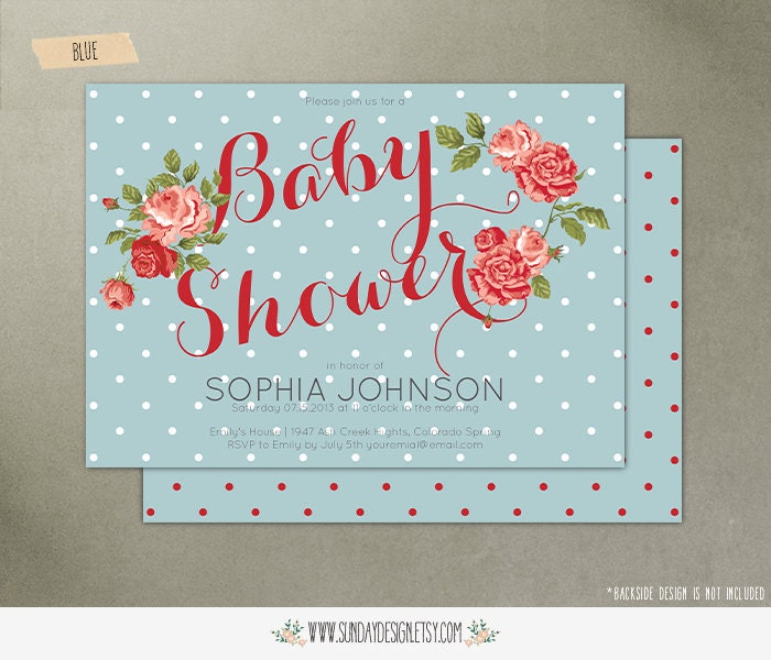 Red Rose Baby Shower Invitation Card - DIY Floral Printable Party Invitation Card in Blue and Red