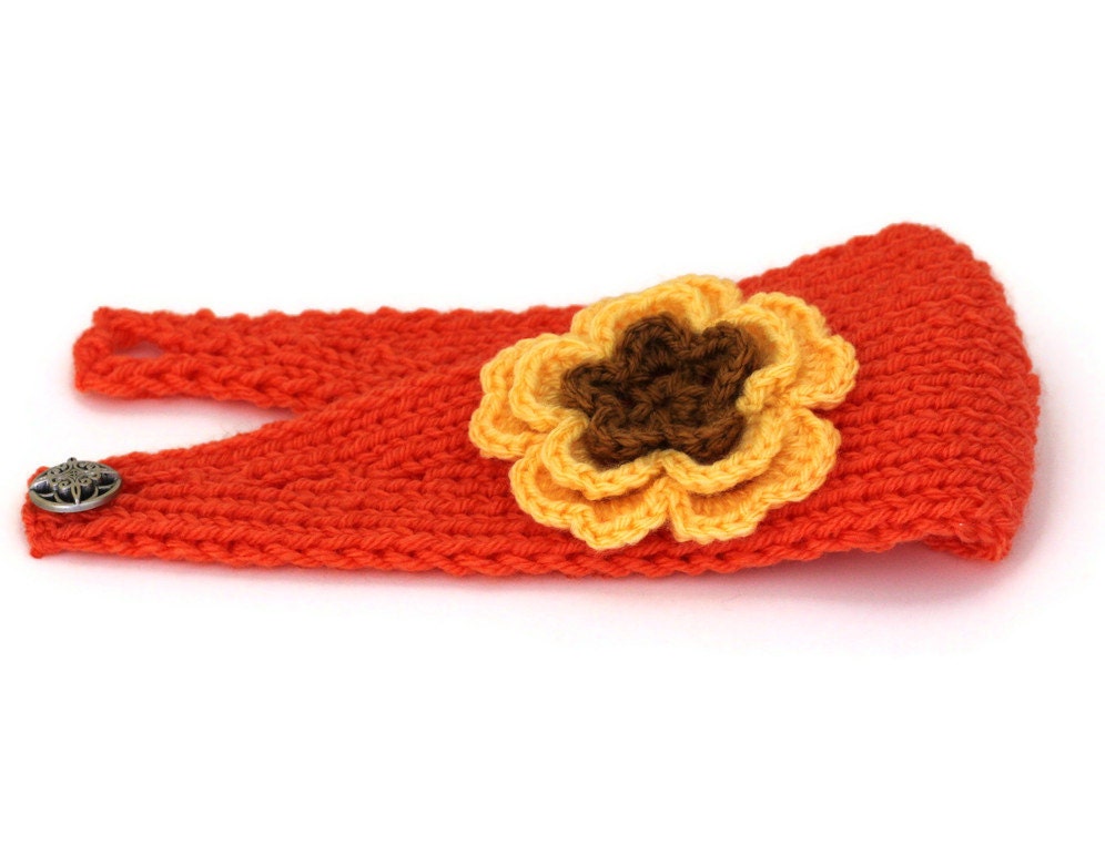 Geeky Orange Knitted Headband With Crocheted Yellow and Brown Flower - Ready To Ship