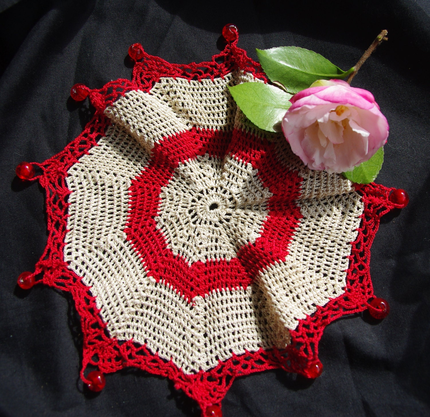 Antique Crocheted Milk Jug Cover. Cream & Red Glass Beads. Afternoon Tea Party