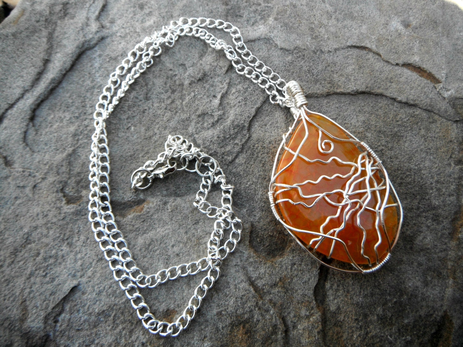 Dragon Vein Wire Wrapped Stone Pendant Necklace - freeform agate stone - wire wrapped jewelry handmade, gemstone jewelry, statement necklace