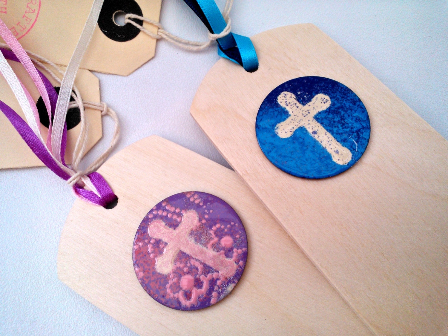 Enamel and wooden bookmark - handmade with a cross design - christening/confirmation/first holy communion