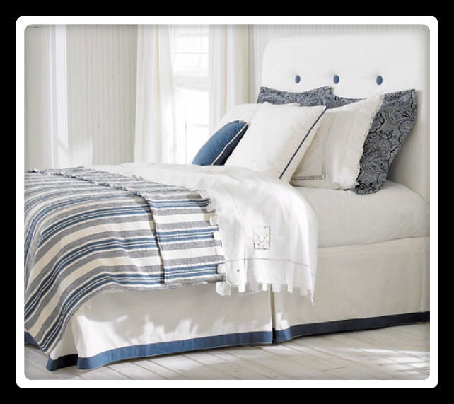 Full Size Tufted Custom Upholstered Headboard in White Linen Fabric with Blue Accent Buttons