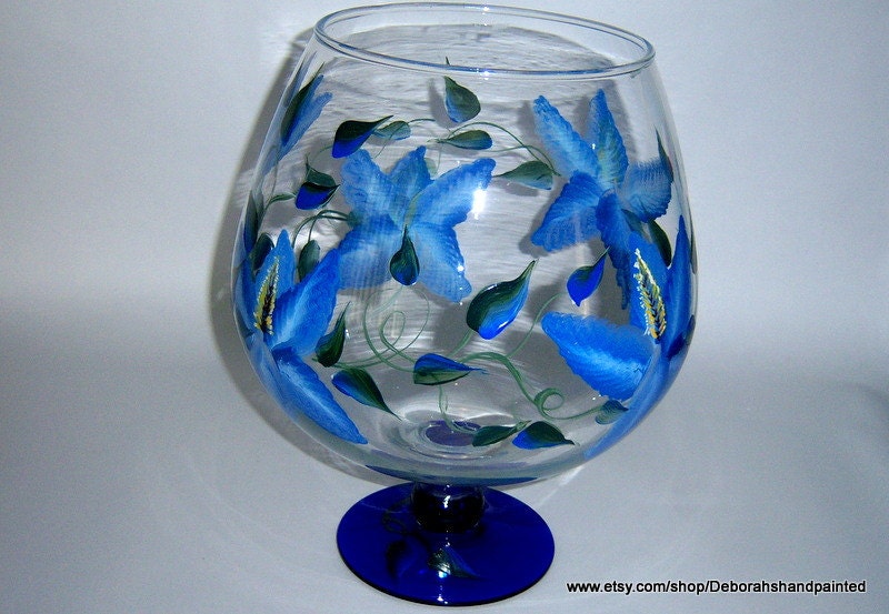 Hand Painted Brandy Snifter 11 1/2" Tall Cobalt Blue Flowers Upcycled Vase Home Decor Painted Floral Glassware Dishes Bridal Shower