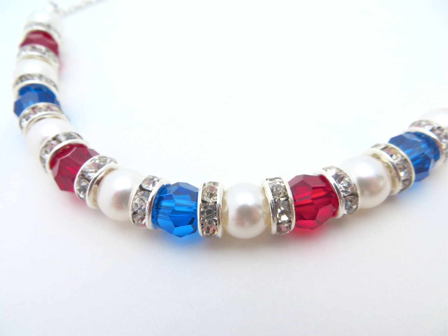 Patriotic Necklace, Red, White and Blue Necklace, Memorial Day Necklace, Forth of July Necklace, USA Necklace With Swarovski Crystal Pearl - LucidDreamsJewelry