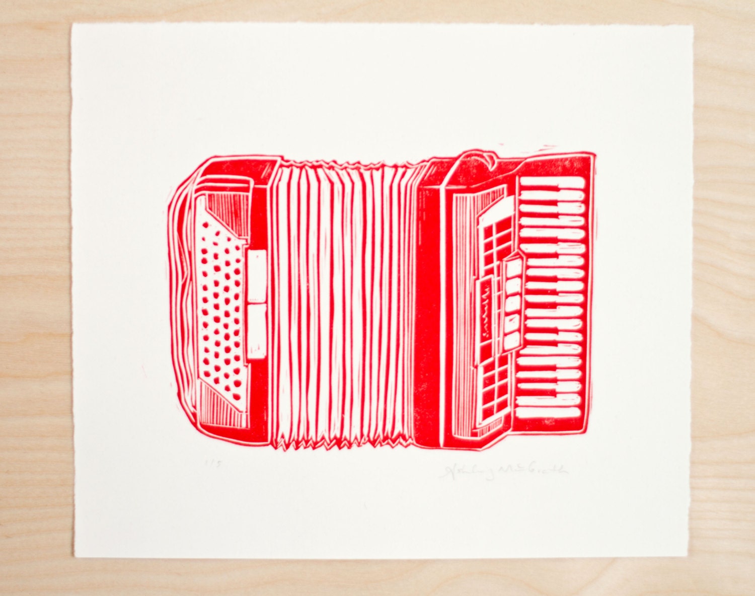 Red Accordion original linocut print