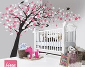 Cherry Blossom Decal - Vinyl wall decals trees wall decals nursery/ baby  girl /children /pink white  flowers birds