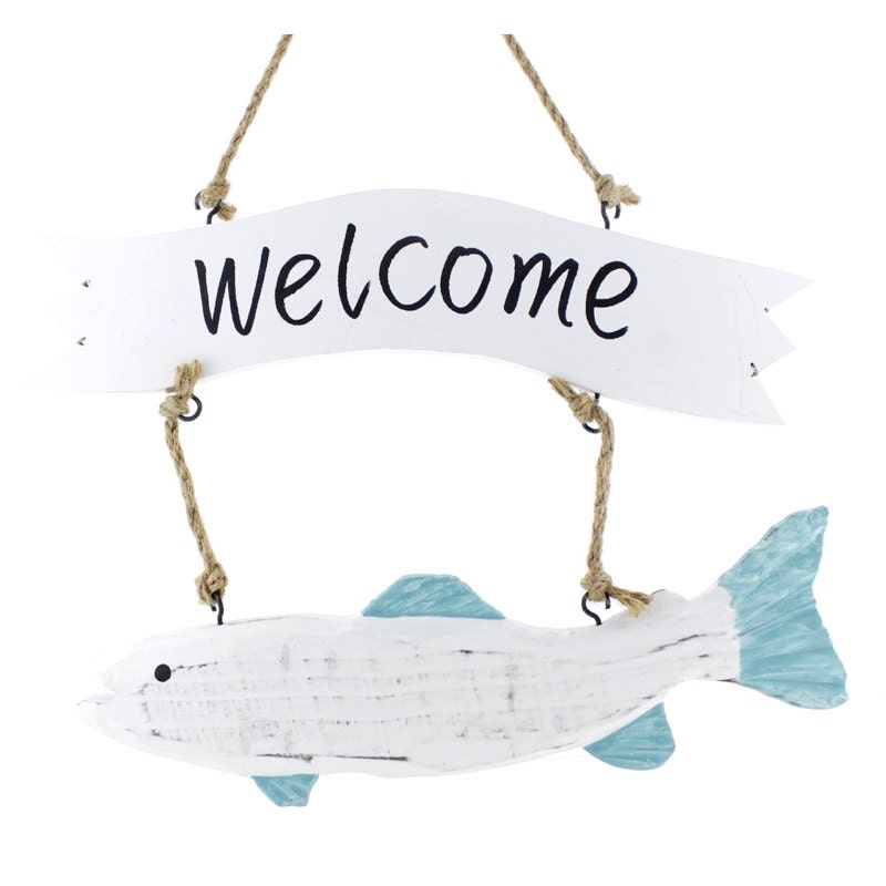 Handmade Home Decor Marine Style,Nautical/Mediterranean Wood Door/Garden FISH WELCOME Sign