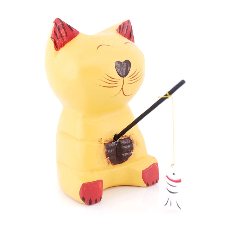 Handmade Woodworking,Wood Carving,Cute Fishing Cat,Home Decor,Desk Display,Wood Miniature,Doll House,Animal Sculpture