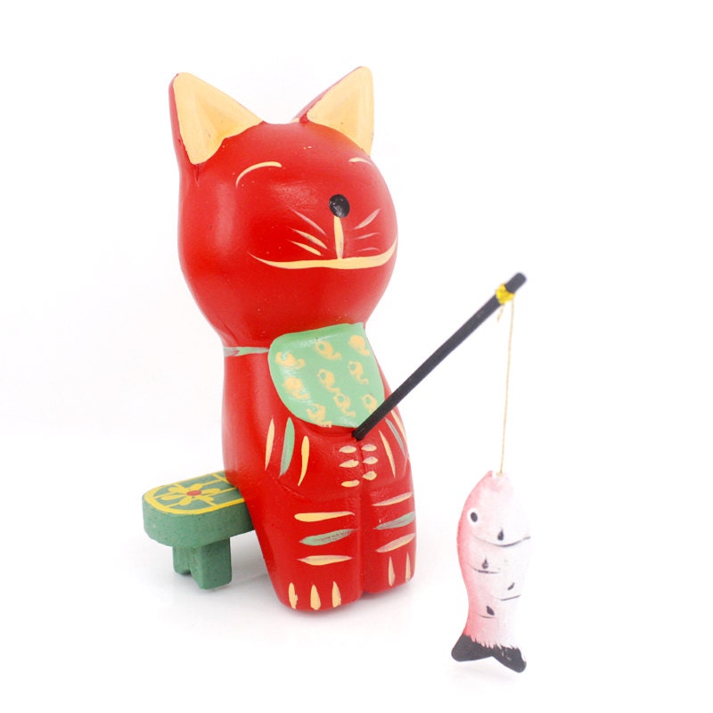 Handmade Woodworking,Wood Carving,Cute Fishing Cat,Home Decor,Desk Display,Wood Miniature,Doll House,Animal Sculpture