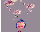 Digital art , illustration, rainy day digital print, clouds and smiling girl : happy mood.