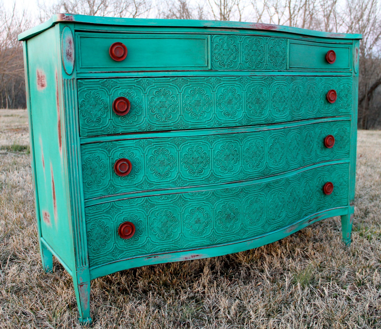 Teal dresser, Green distressed furniture and Green chest of drawers on