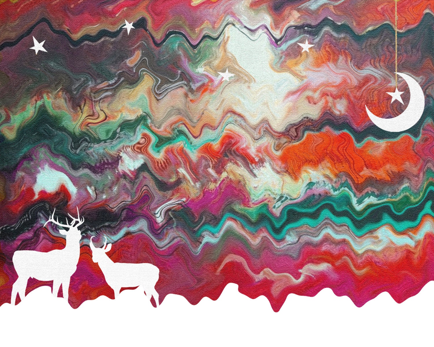 Deer & Moon 14" x 11" paper print poster -mixed media natural whimiscal artwork, deer poster