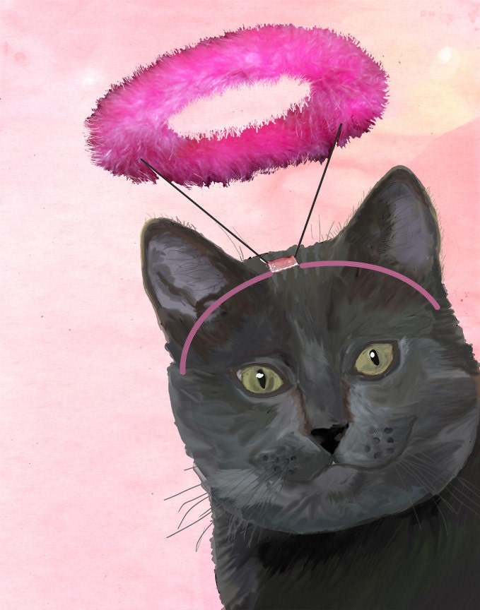 Black Cat with Halo 8X10 Art Print Digital Print Acrylic Art Illustration Original Painting wall art wall décor wall hanging