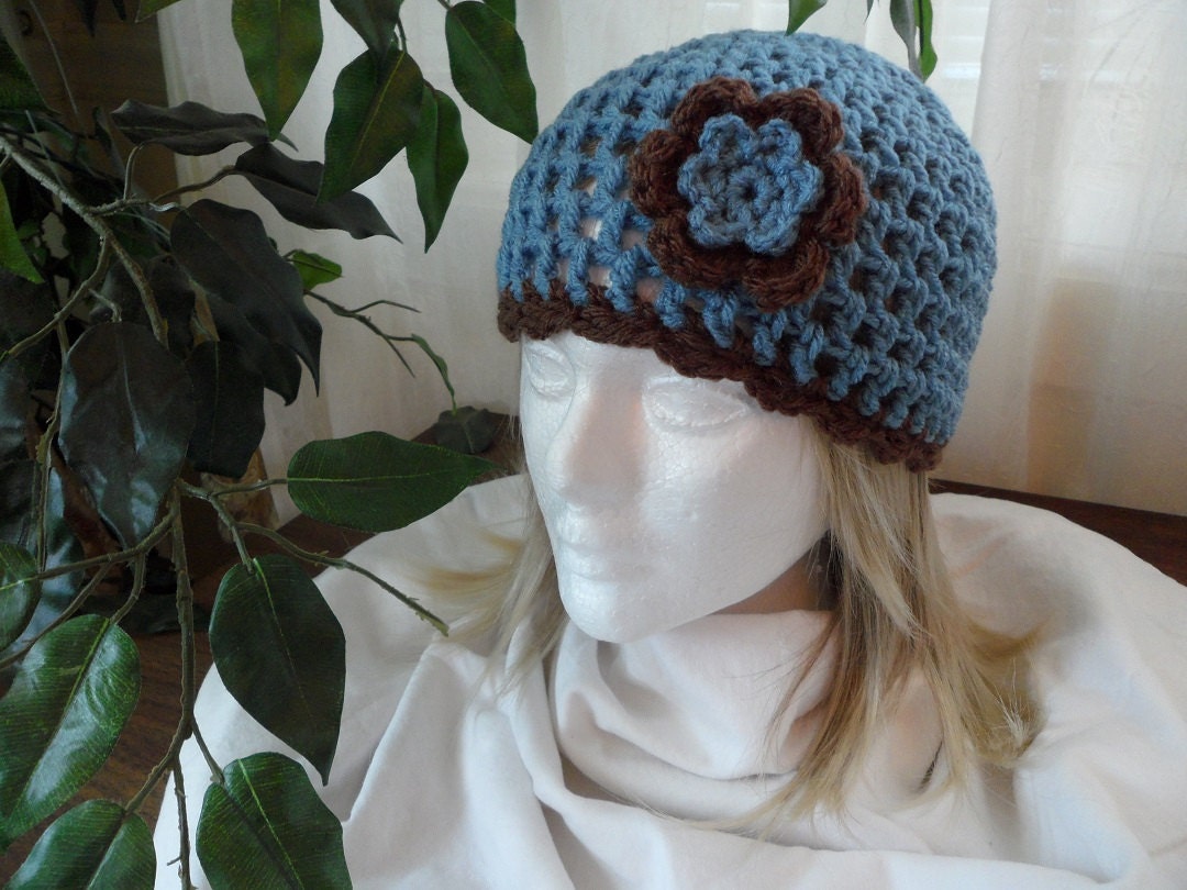 Crocheted Womens/Teens Beanie/Hat/Cap  - country blue/chocolate cake
