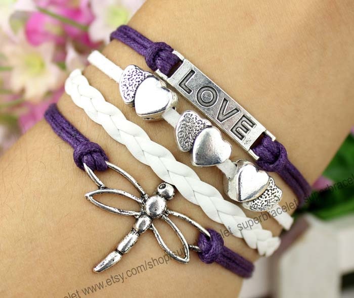 Silver bracelet , LOVE friendship LOVE charm bracelet , dragonfly bracelet , purple , white leather cord , girlfriend and BFF