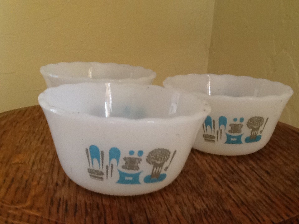 Vintage Fire  King  Blue Heaven pattern set of (3)  milk glass custard cups Turquoise and Gray