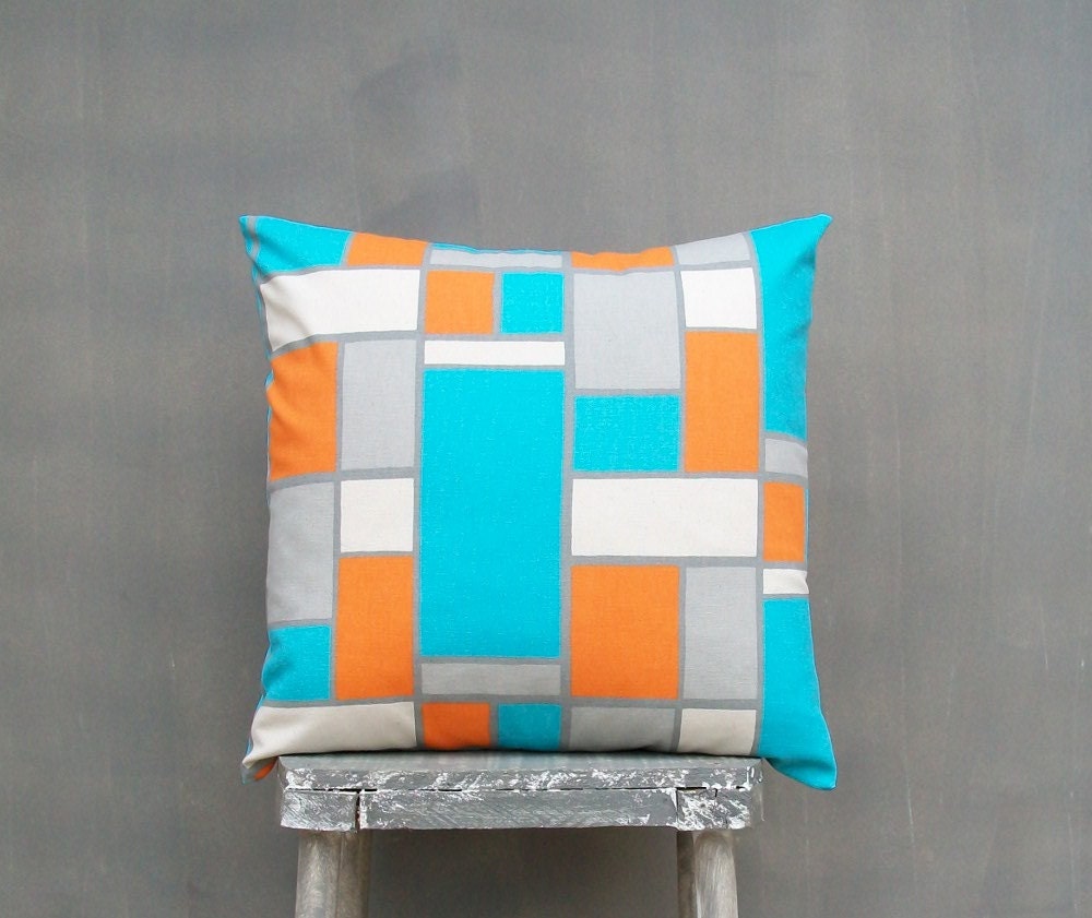 Turquoise Blue Pillow, Gray Pillow, and Orange Pillow, Orange Geometric Pillow Case, Squares Rectangles 18x18 Decorative Throw Pillow Cover - EdenPillows Turquoise Blue Pillow, Gray Pillow, and Orange Pillow, Orange Geometric Pillow Case, Squares Rectangles 18x18 Decorative Throw Pillow Cover - EdenPillows