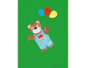 Happy  teddy bear flaying, birthday card, child's drawing, watercolor painting, hand drawn picture, digital file,for download,print,image,A4