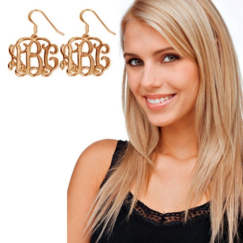 Monogram Earrings 1 Inch Personalized Initials  3 Letters Monogrammed  Customized Custom Made Cut Out - 18k Yellow Gold plated