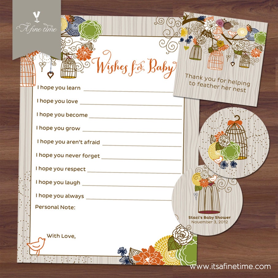 Baby Shower Add-on Mini Kit - Bird Cages & Blooms v2 - woodgrain - Girl, Boy, Gender Neutral - Well Wishes, Toppers, Favor Tags (Printable)
