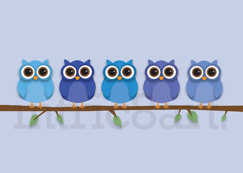 Cute Blue Owls on branch 5 x 7 print