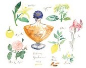 Shalimar Guerlain french perfume with blooming decor art print, 11X14 watercolor painting, Flower, Floral Fragrance, Guerlain, Paris, France