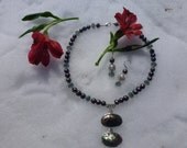 grey fresh water pearl necklace with abalone shell pendant and earrings