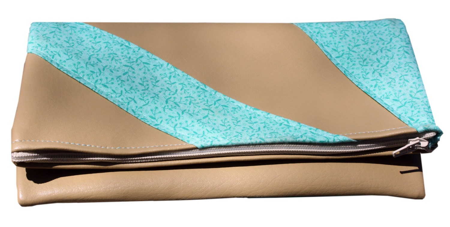 Mocha and Mint  clutch handbag - vegan foldover zip clutch purse - beige/camel/caramel