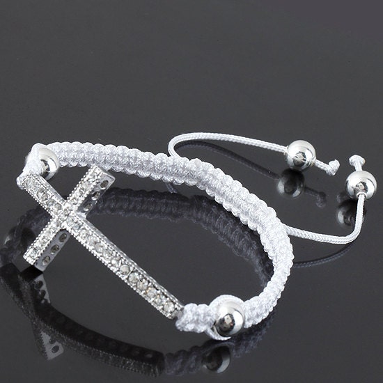 New Silver Cross Curved Side Ways Crystal Bead Charm Adjustable Bracelet - White / Black Cord