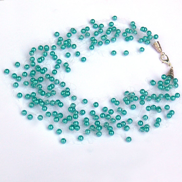 Teal  Necklace. Wedding Necklace. Beadwork.  Multistrand Necklace.