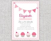girl birthday invitation printable digital cupcake bunting banner pink gingham girly invite chidrens invite customizable personalized