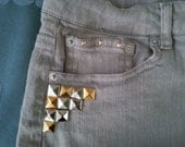 Silver and Gold Studded Gray Recycled Custom Handmade Denim Shorts Size 28