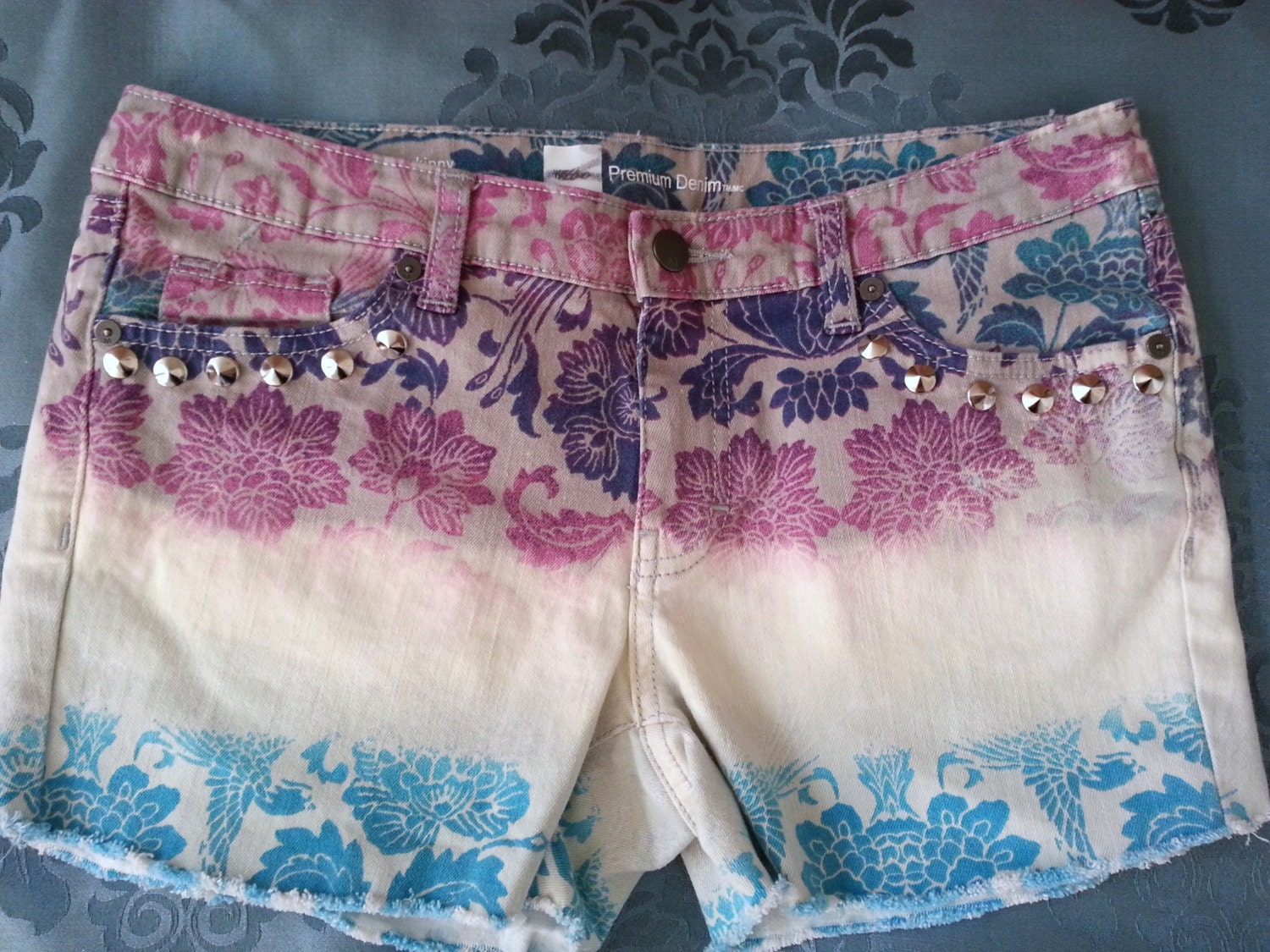 Silver Studded Bleached Floral Recycled Custom Handmade Denim Shorts Size 8
