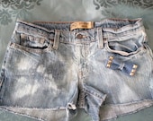 Gold Studded and Bleached Burn Out Recycled Custom Handmade Denim Shorts Size 6