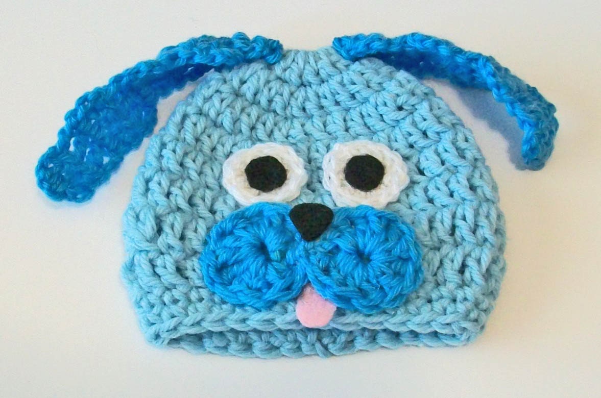 So Cute Blue Puppy Dog Hand Crocheted Baby and Childrens Hat Great Photo Prop 5 Sizes Available