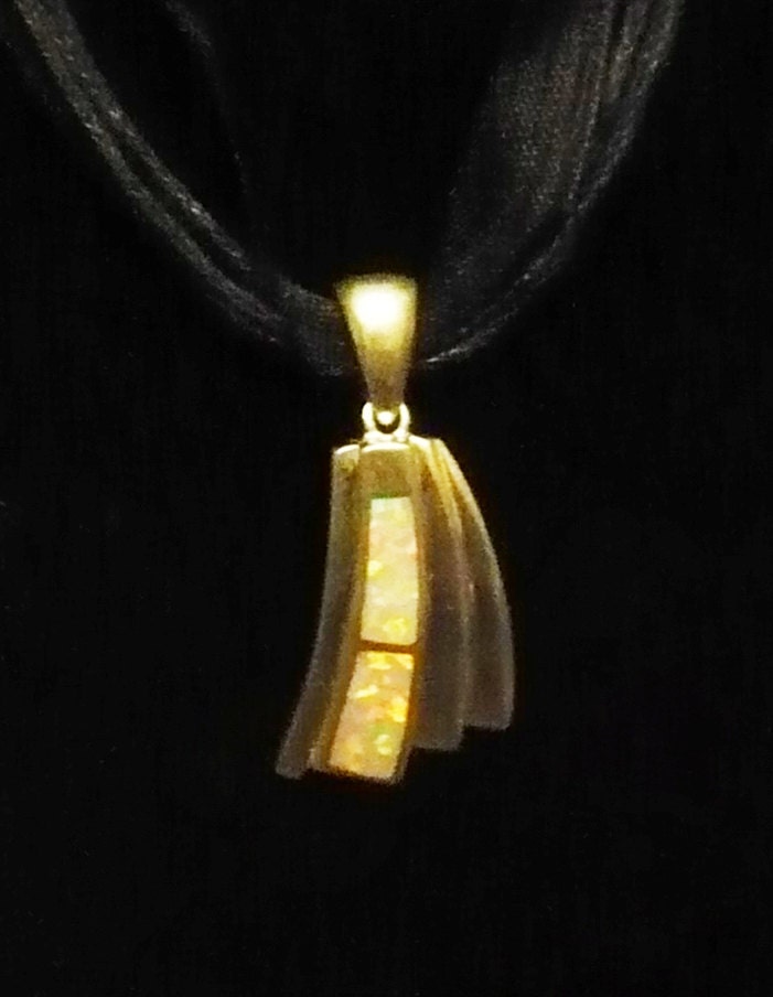 Black Organza Ribbon and Cord Necklace with Sterling Silver White Opal Pendant