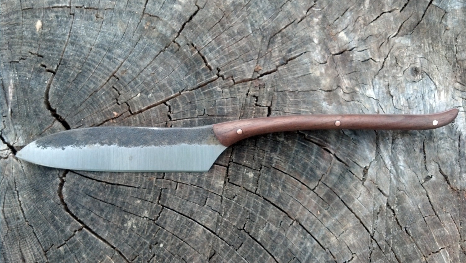 Hand forged knife kitchen or field -walnut handle w red liners