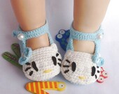 Blue Kitty Handmade Crocheted Baby Shoes, Soft Soled Newborn Booties, Blue Kids Shoes