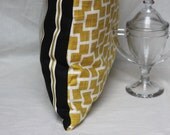 Geometric Patterned Throw Pillow Cover, Golden Color, Black, White and Golden Striped Back,  Handmade, 16x16,  (WTH-0124)