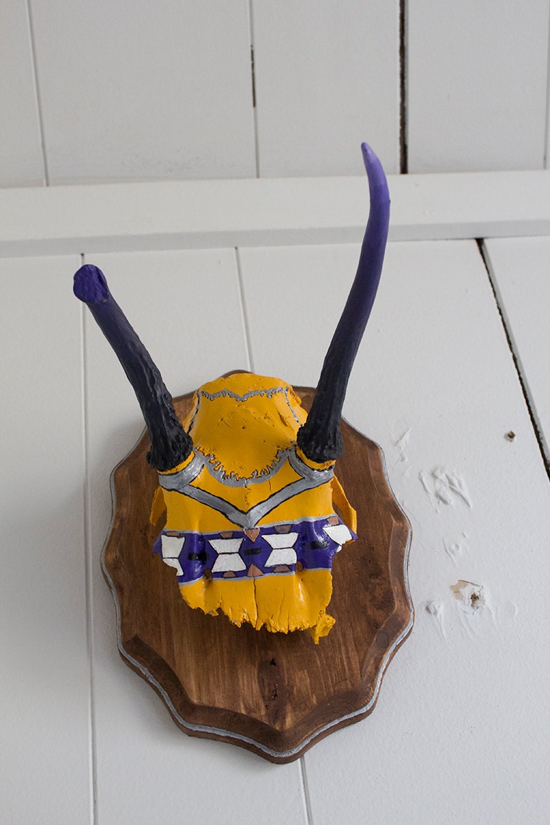 Hand painted White-tail Deer Skull in yellow & purple