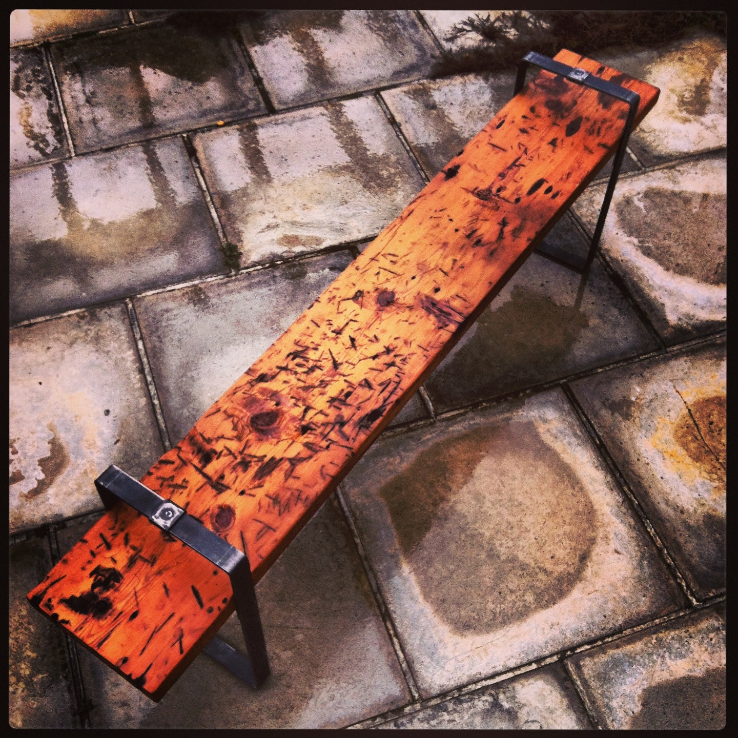 Salvaged Heart Pine Bench With Steel Legs.  Handmade.