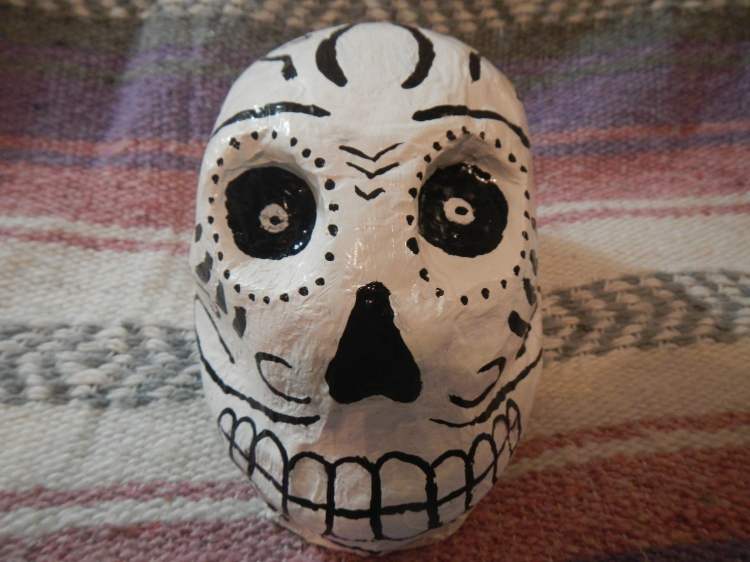 Authentic, Day-of-the-Dead Mexican Skull, Paper Mache, Hand-Painted Black & White, Popular Folk Art, Large, Weighs approx. 2 lbs.
