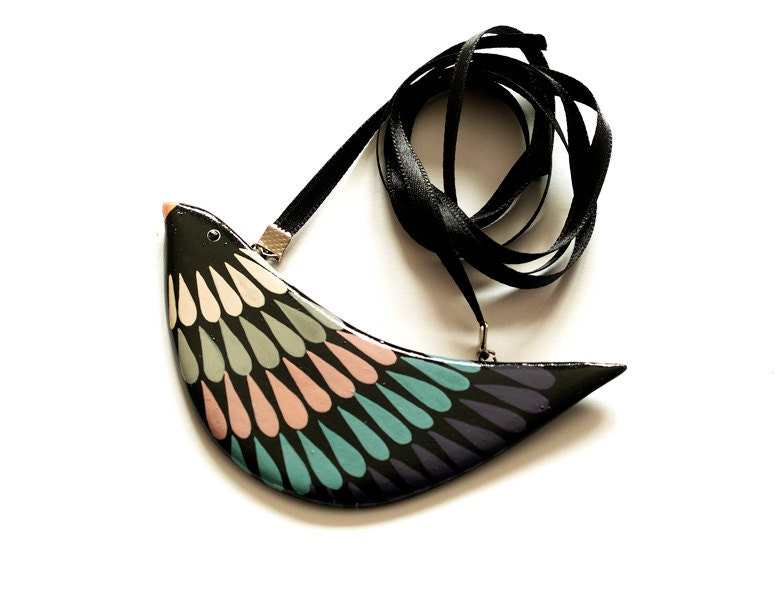 Terracotta bird necklace in black - Made to order