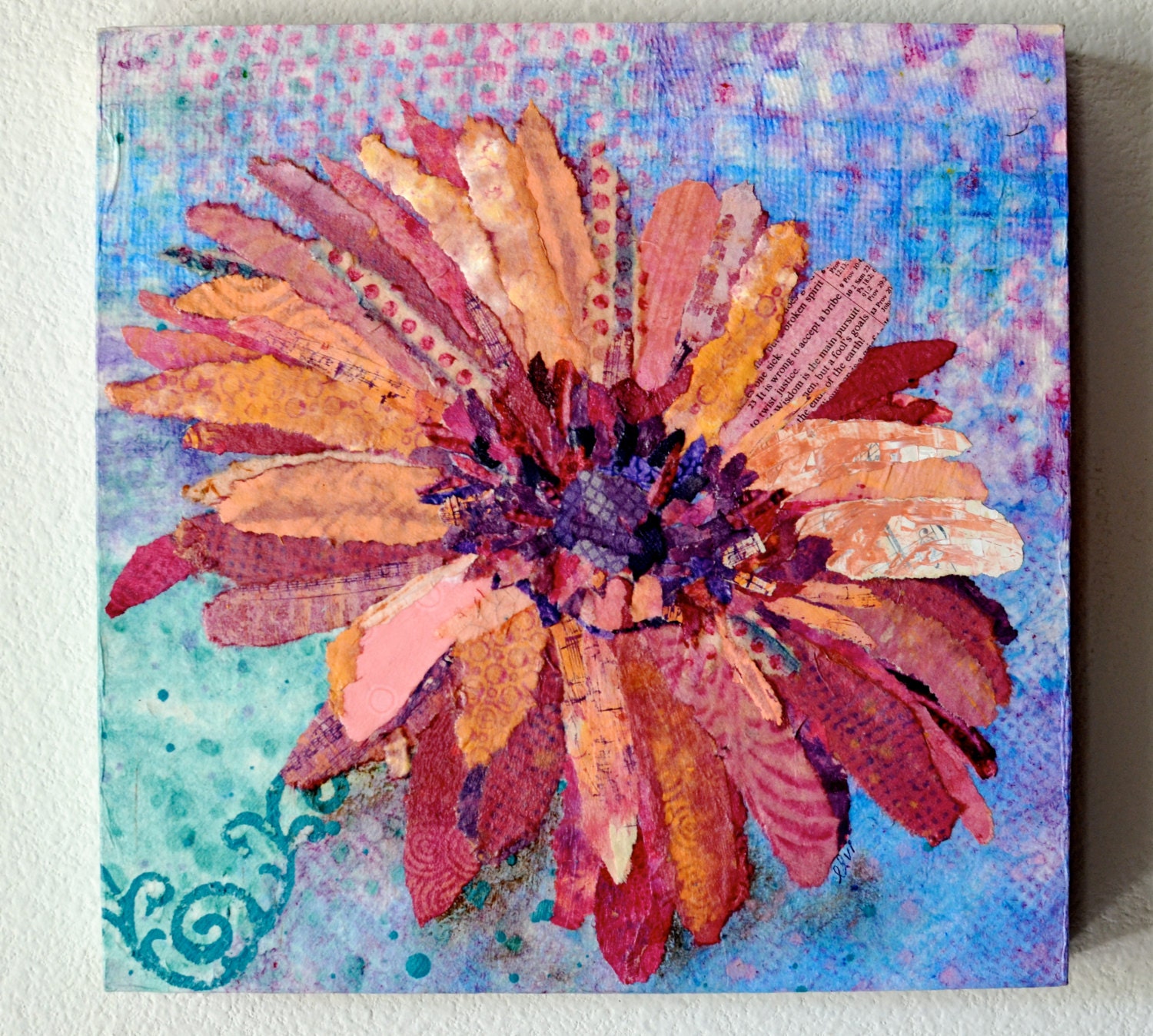 Abstract Flower-Mixed Media Original Collage 12 x 12 Handmade Paper Home Decor Art