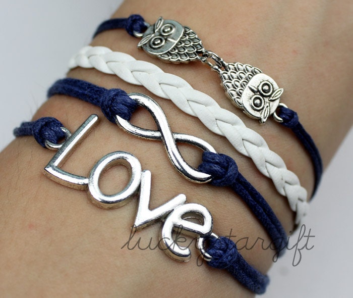 Owls infinite infinity & love the charm bracelet with blue cord white leather woven fashion bracelet charm bracelet-Q096
