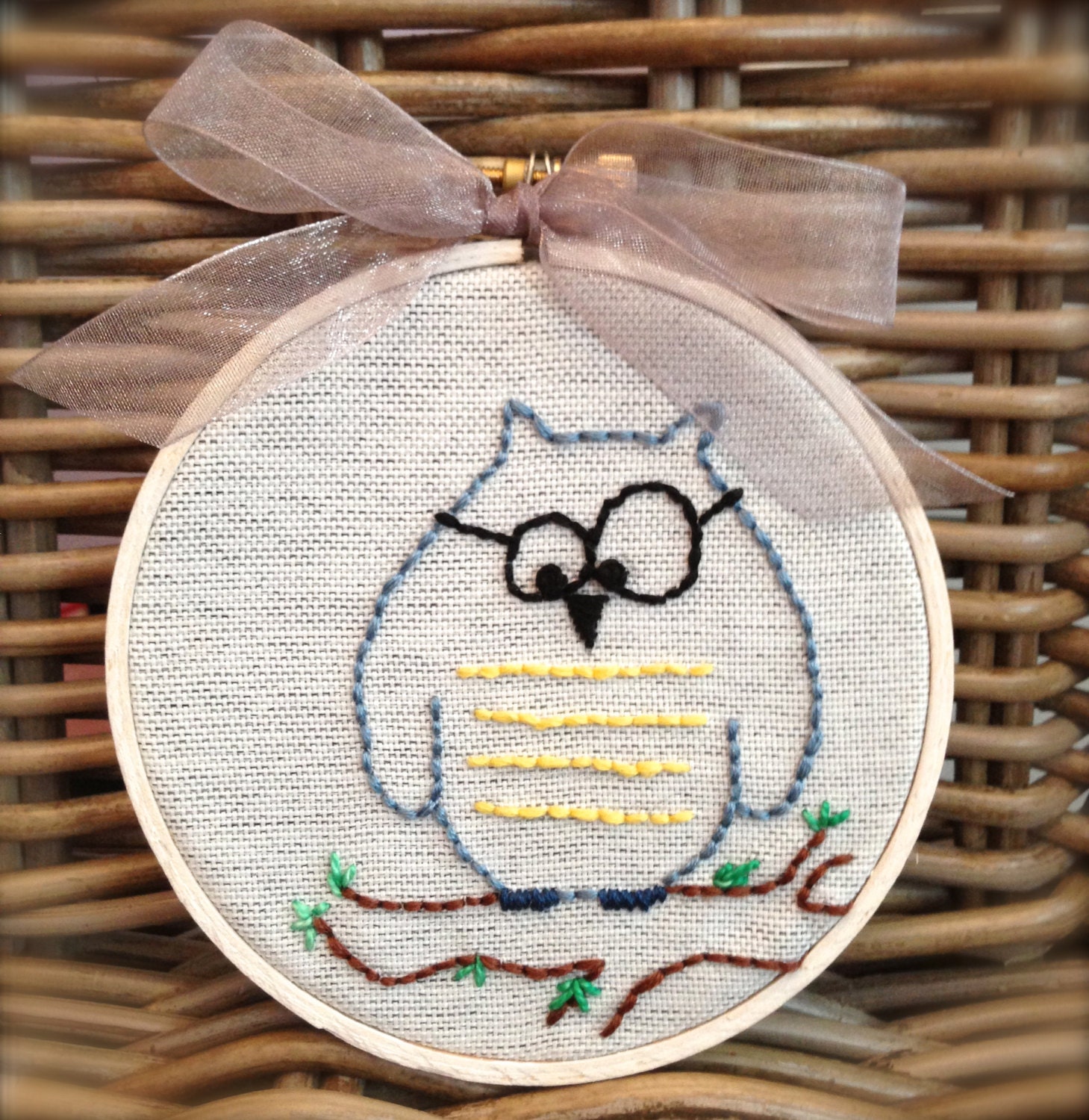 Embroidery Hoop Wall Art, Hand Embroidered Owl, 4" Wood Hoop, Eco-Felt Covered Back, Organza Ribbon, Embroiderwee