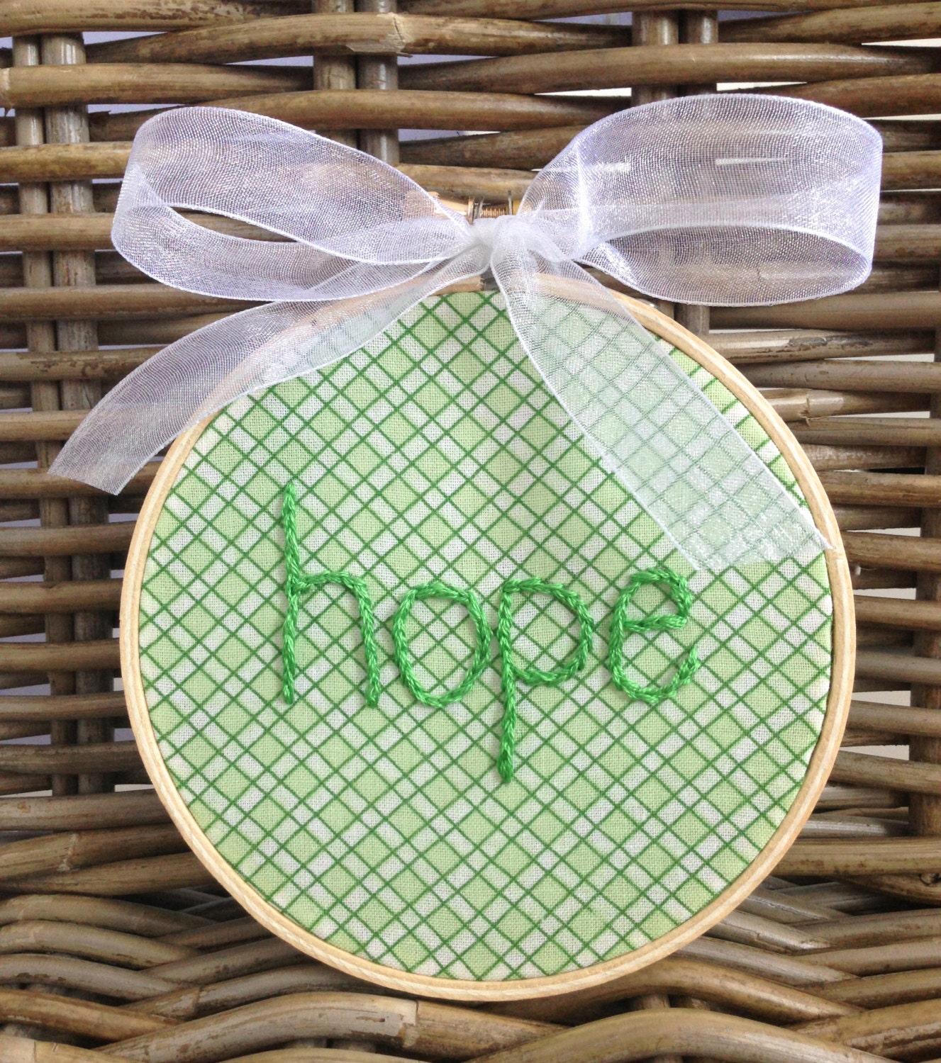 Embroidery Hoop Wall Art, Hand Embroidered, Hope, Green Check, 4" Wood Hoop, 100% Cotton Fabric, Eco-Felt Covered Back