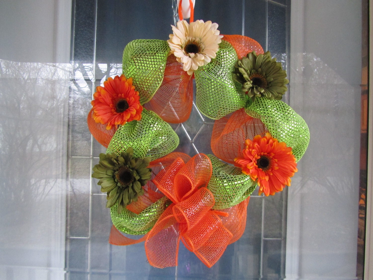 Orange/Lime Green Floral Wreath with Gerber Daisies Mothers Day Summer